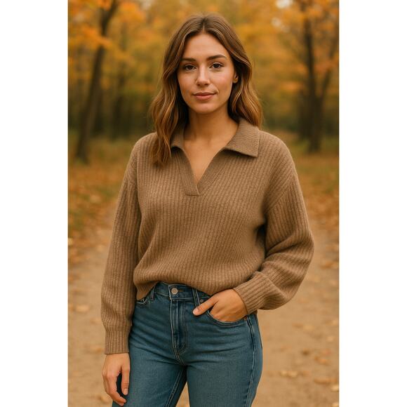 Everlane Women's The Alpaca Waffle Stitch Collared V-Neck Sweater Camel Tan SZ M - Picture 1 of 9